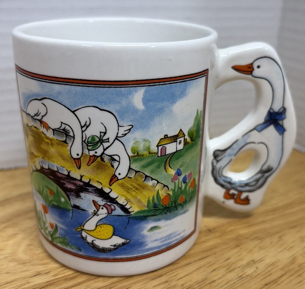 Vintage 1980s Goose Cottage Farmhouse Scene Blue Ribbon Goose Handle Ceramic Mug